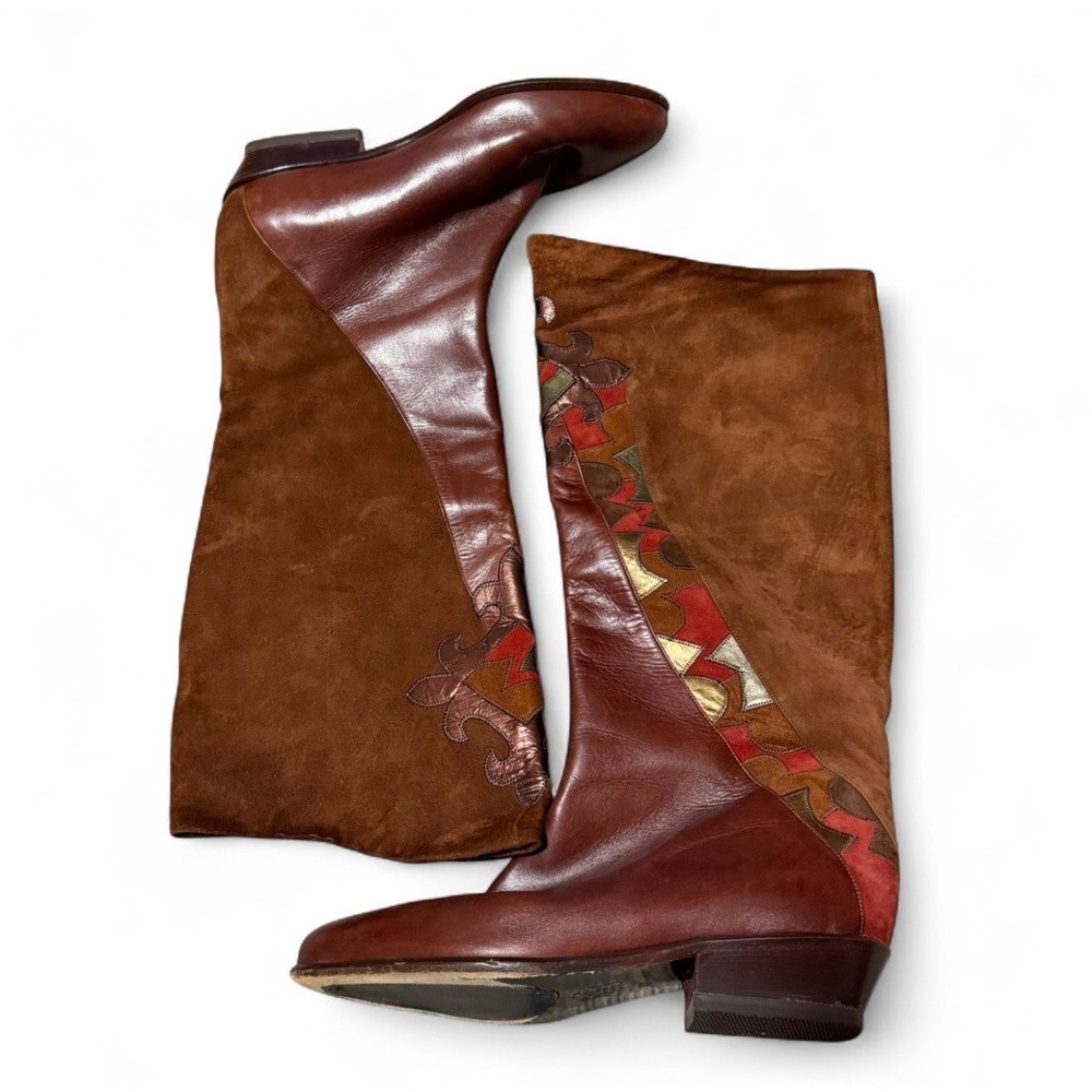 Vintage Italian Leather Suede Knee High Boots Patchwork Size 37 Brown